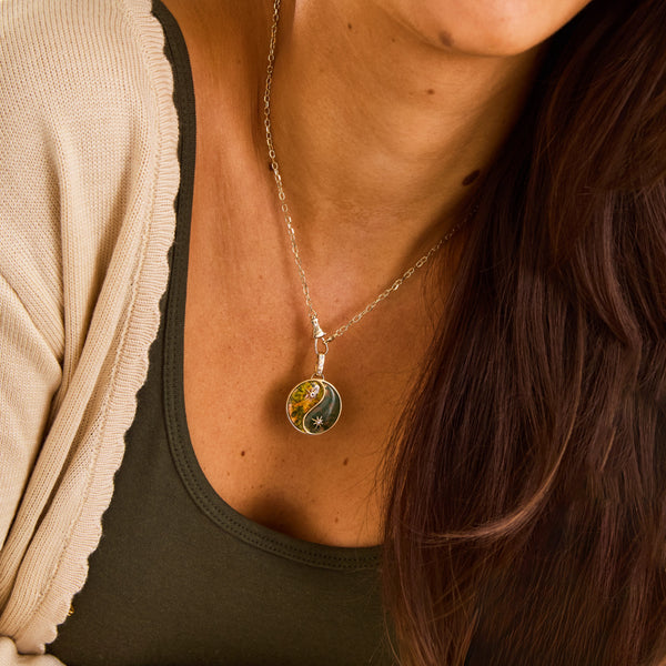 sun and earth yin yang charm - 10k yellow gold, bumblebee jasper, moss agate, diamonds