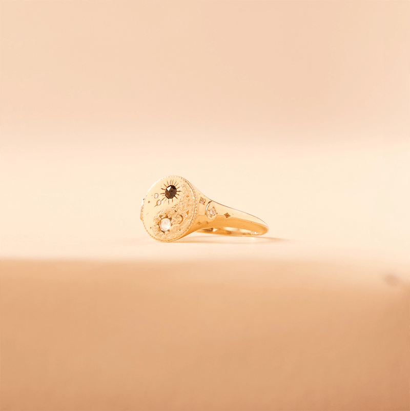orbital harmony yin yang signet ring - 14k yellow gold, black and white diamonds