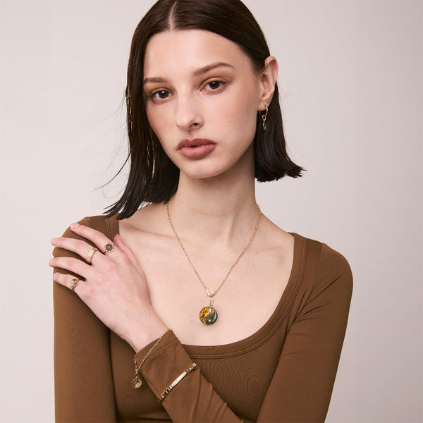 sun and earth yin yang charm - 10k yellow gold, bumblebee jasper, moss agate, diamonds