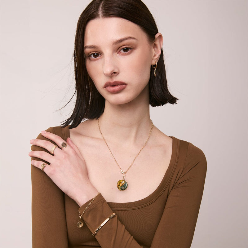 sun and earth yin yang charm - 10k yellow gold, bumblebee jasper, moss agate, diamonds