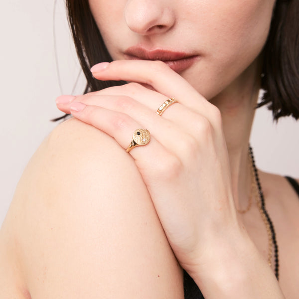 orbital harmony yin yang signet ring - 14k yellow gold, black and white diamonds