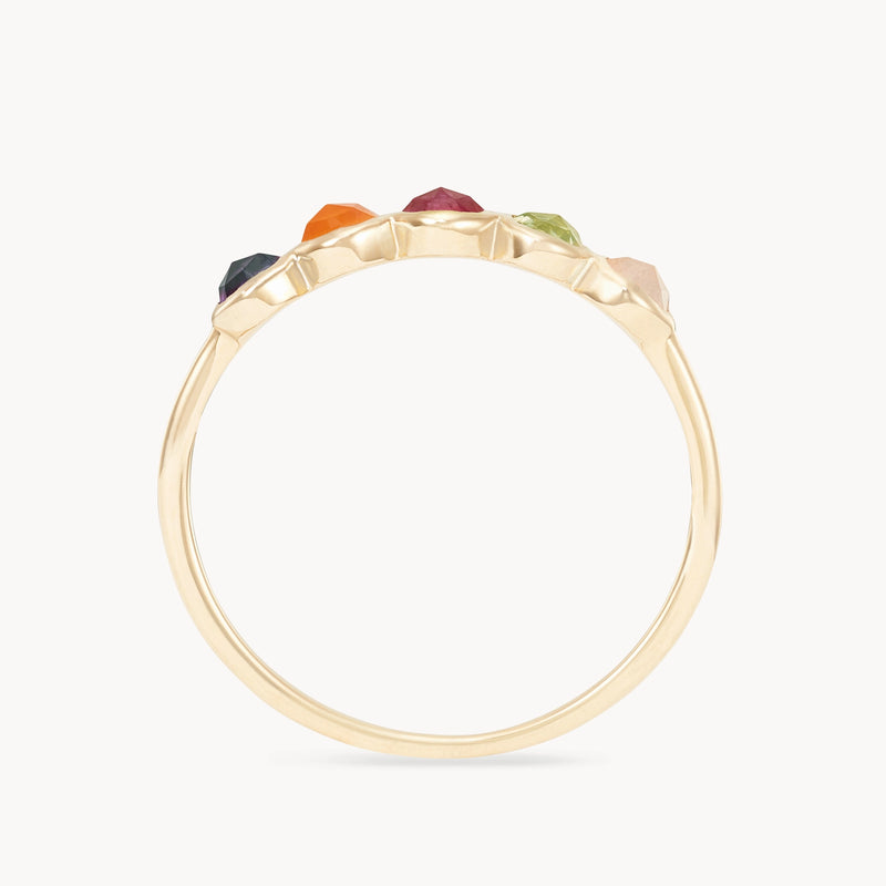 summer sunset five stone mood ring - 14k yellow gold, peach moonstone, peridot, ruby, carnelian, amethyst