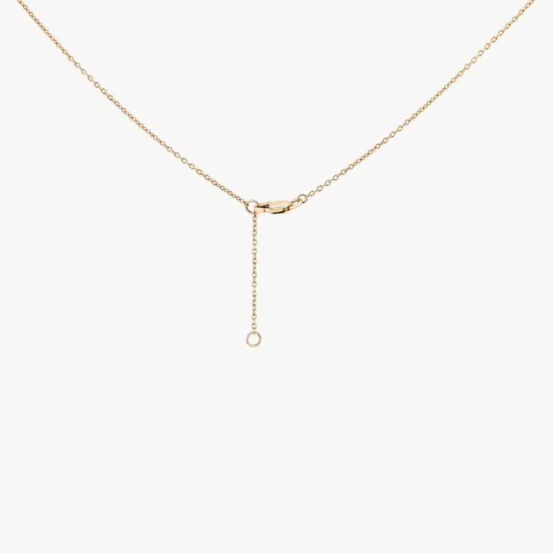 The abacus disk diamond necklace by bluboho in 14k yellow gold showcases a delicate design with a thin chain and a central small, circular clasp. An additional short chain dangles vertically from the clasp, ending in a tiny loop. The overall look is minimalist and elegant.