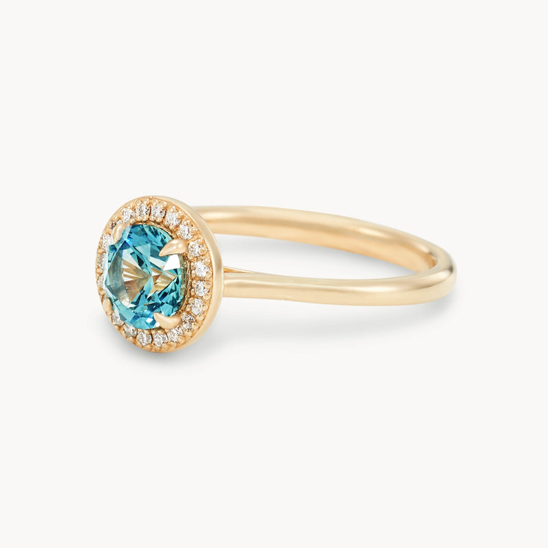 through time and space one-of-a-kind ring - 14k yellow gold, round Montana sapphire, diamonds