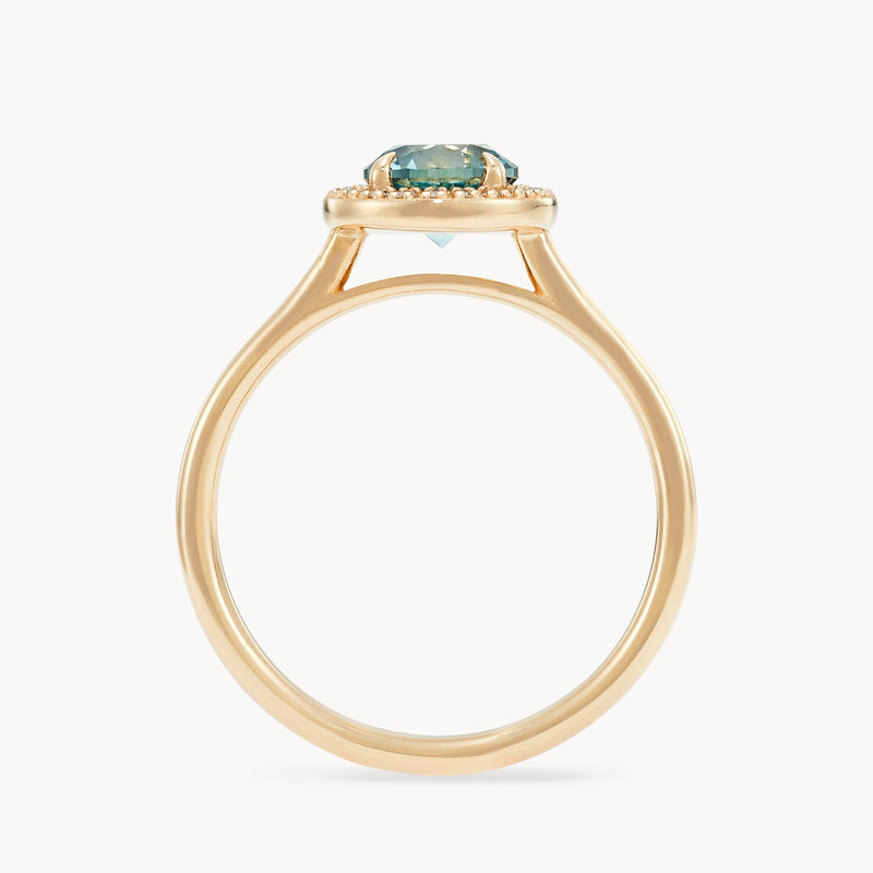 through time and space one-of-a-kind ring - 14k yellow gold, round Montana sapphire, diamonds