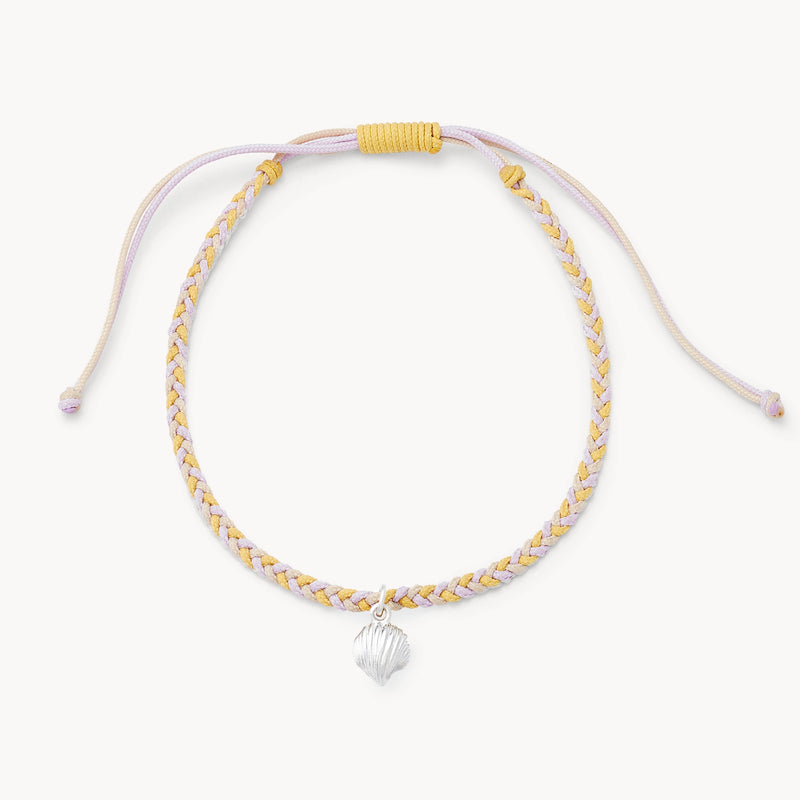high tide cord seashell charm anklet - sterling silver, cream, yellow, lavender cord