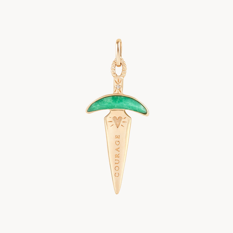 chrysoprase dagger charm - 10k yellow gold, natural gemstones