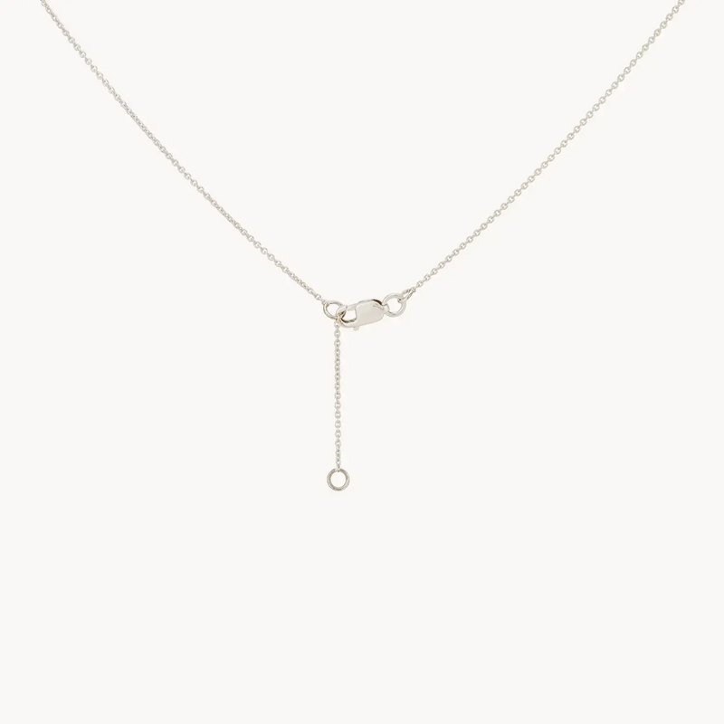 A delicate metamorphosis butterfly wing necklace - sterling silver. It features a small lobster clasp in the center, from which a short, vertical chain segment dangles, ending in a circular ring. The design is minimalist and elegant.