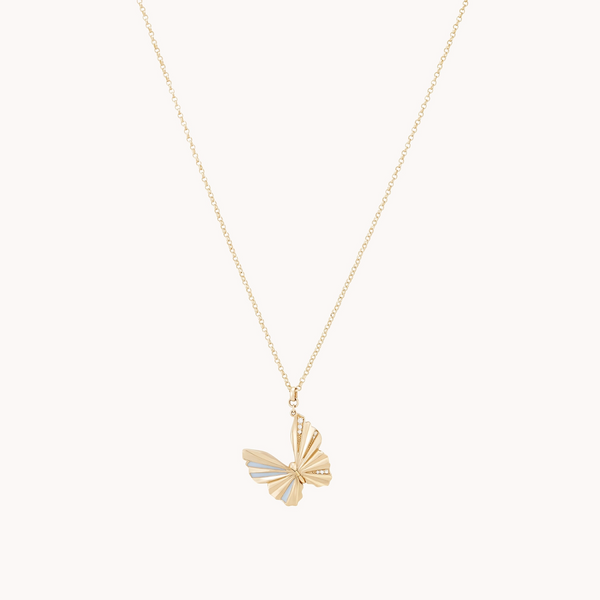 Introducing the Metamorphosis Butterfly Locket by bluboho - a stunning 14k yellow gold creation. This delicate chain necklace features an intricately detailed butterfly-shaped pendant, beautifully combining smooth and textured surfaces for a stylish and elegant look.