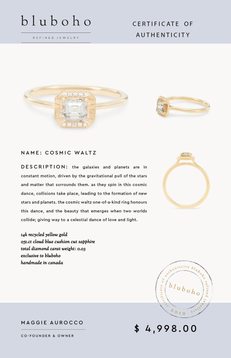 cosmic waltz one-of-a-kind ring - 14k yellow gold, cushion cut sapphire