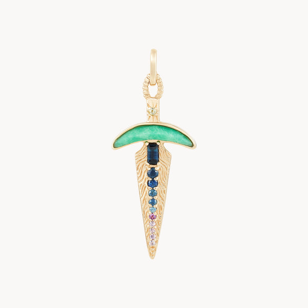 chrysoprase dagger charm - 10k yellow gold, natural gemstones