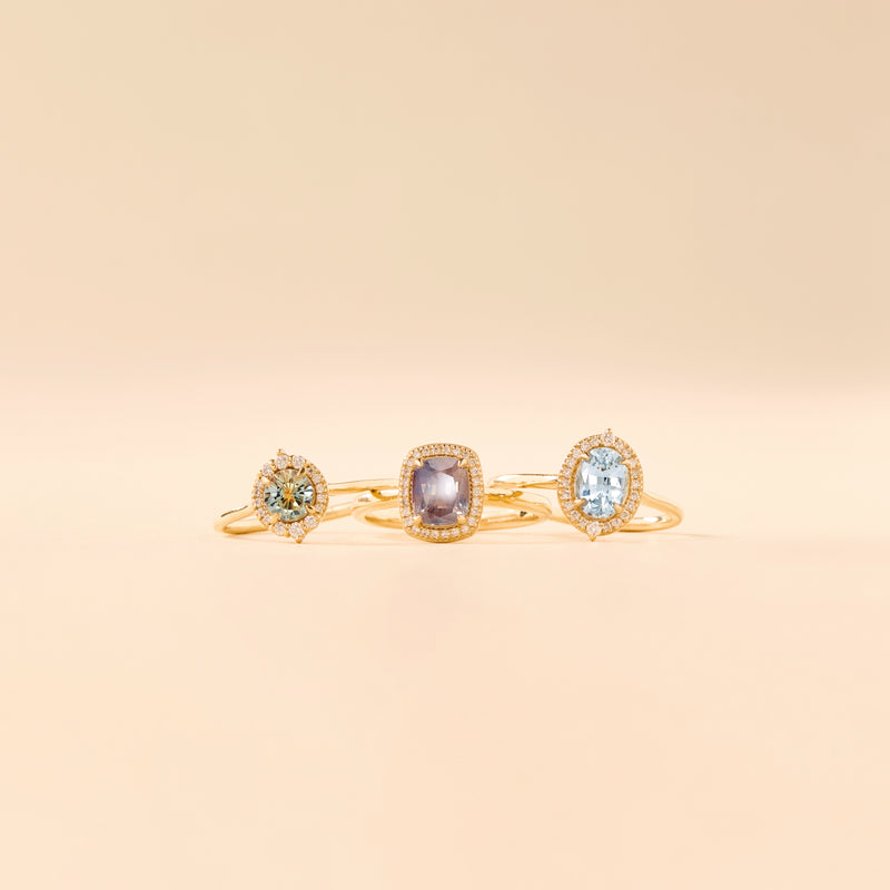 stars collide one-of-a-kind ring  - 14k yellow gold, cushion cut sapphire, diamonds