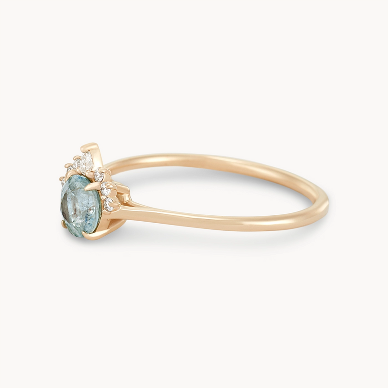 infinite twilight one-of-a-kind engagement ring - 14k yellow gold ring, blue round sapphire side