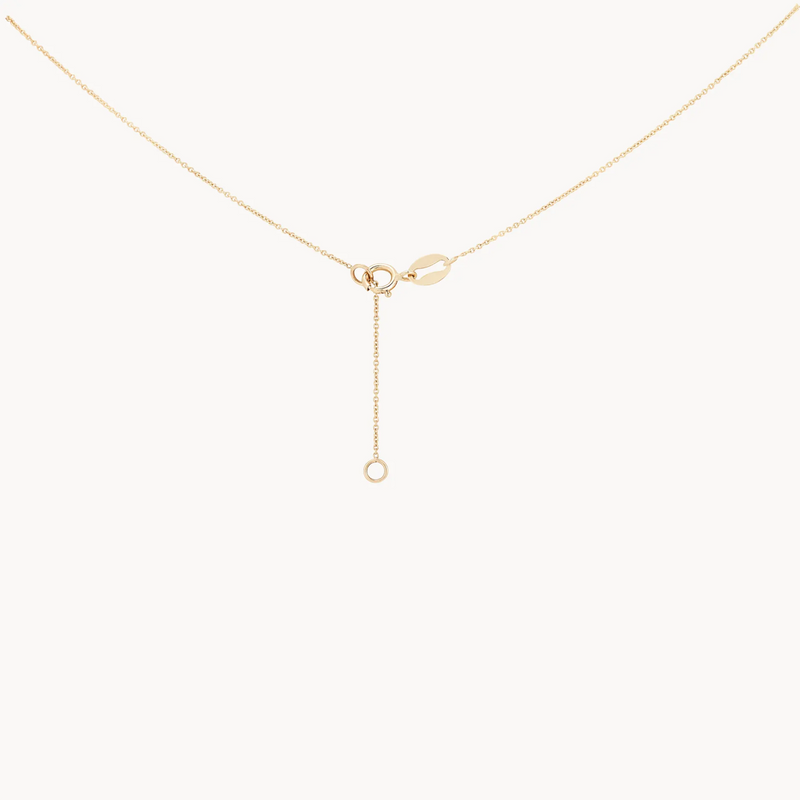 The kindred spirits lean on me medallion necklace by bluboho, crafted in 14k yellow gold and adorned with diamonds, features a delicate and thin chain. This minimalistic and elegant necklace includes a small circular clasp and an additional dangling chain with a small ring at the end.