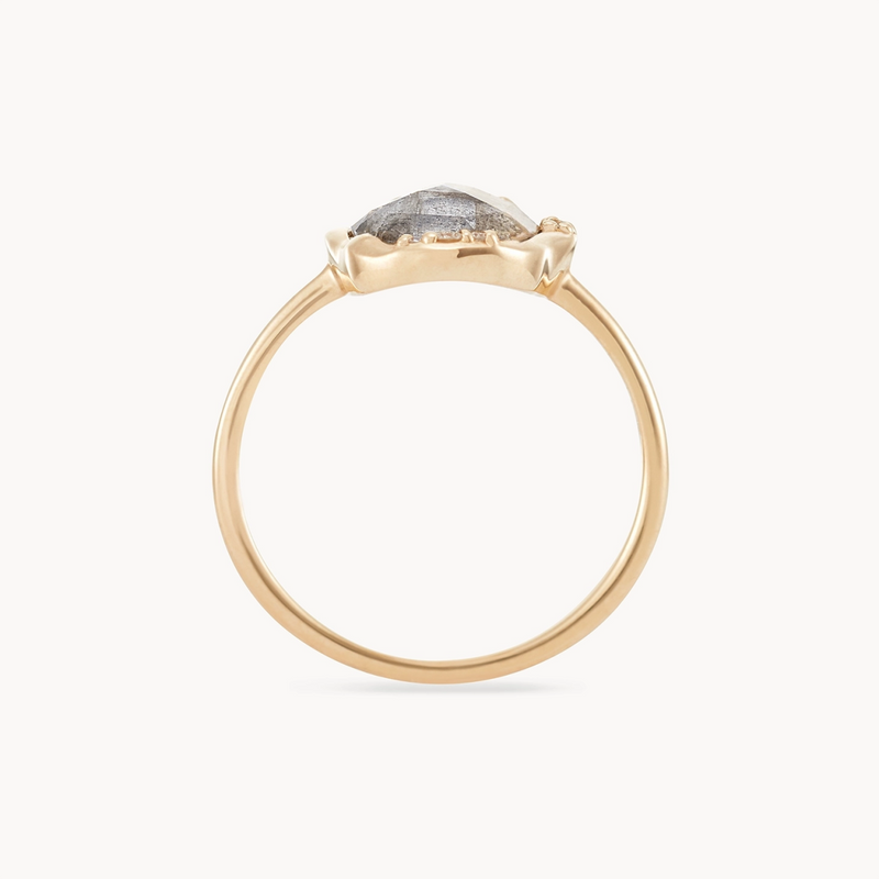 Introducing the labradorite mood ring by bluboho: a delicate 14k yellow gold ring featuring a large, prominent, oval labradorite gemstone set in the center. The band is thin and simple, drawing attention to the intricate setting and the shimmering stone. The ring's elegance is emphasized against the plain white background.