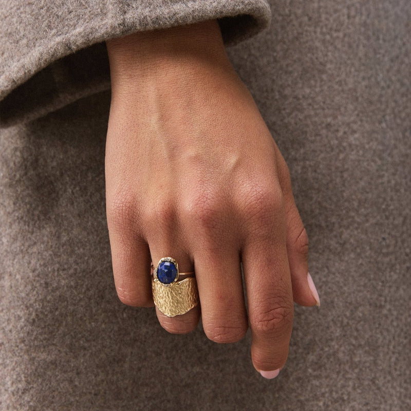 lapis diamond mood ring - 14k yellow gold, diamonds, lapis gemstone