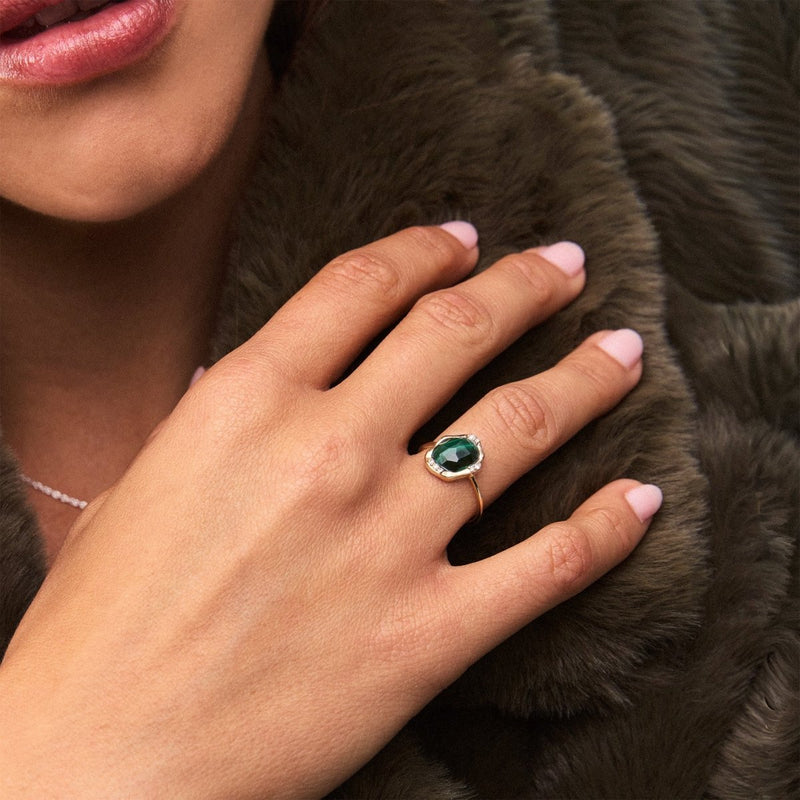 malachite diamond mood ring - 14k yellow gold, diamonds, malachite gemstone