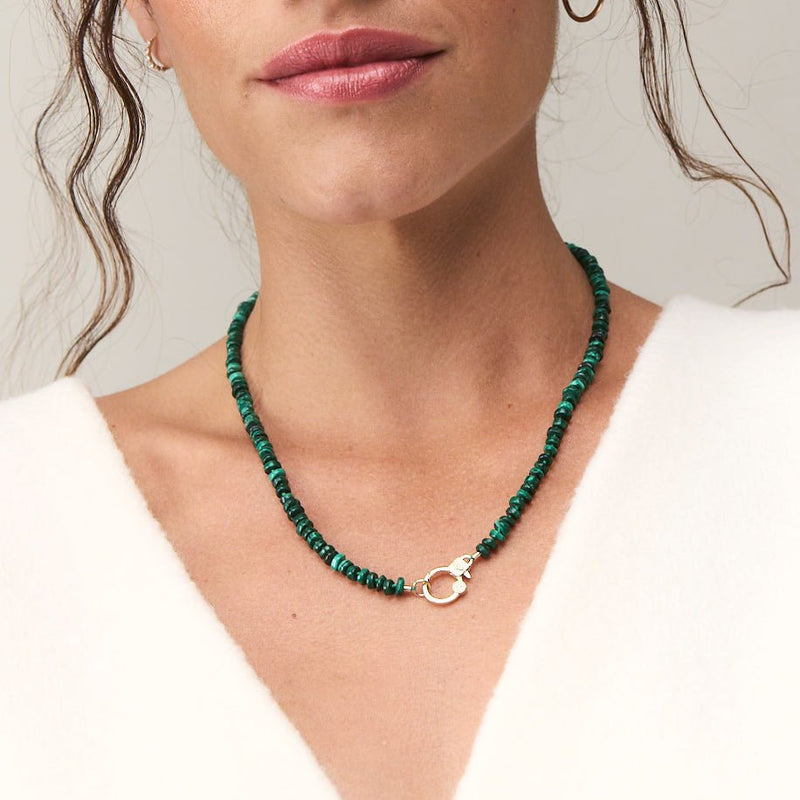 eye love you malachite beaded charm necklace - 10k yellow gold, diamonds, malachite gemstones