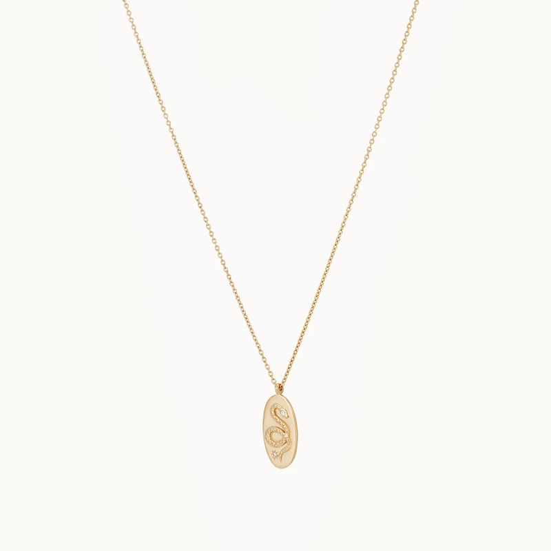 A delicate gold necklace from bluboho, called the serpent revival diamond necklace, features an elongated oval pendant with an engraved ouroboros, a snake eating its own tail. The 14k yellow gold chain is fine and subtle, accentuating the detailed design of the pendant adorned with diamonds. The background is plain white.