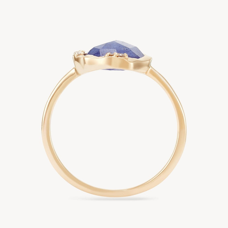 A close-up of the bluboho tanzanite mood ring - 14k yellow gold, showcasing a large, faceted purple tanzanite gemstone in a prong setting. The slender, gently polished band highlights the vivid color and cut of the central gemstone. The plain white background emphasizes the ring's elegance.