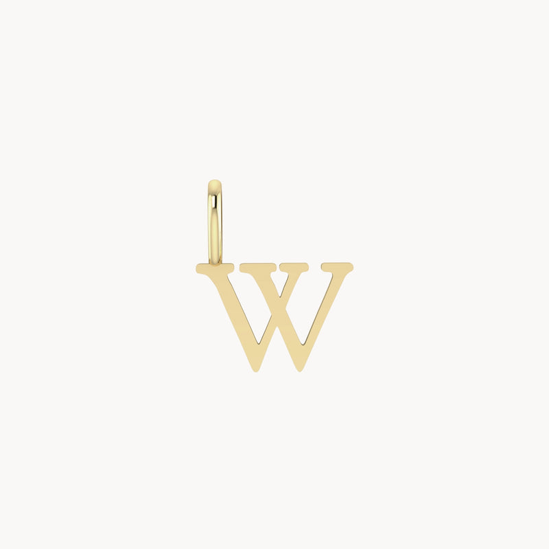 A bluboho letter charm - 10k yellow gold in the shape of the letter 'W'. The simple, elegant design features a small loop at the top for attaching to a chain or bracelet. The letter charm is isolated on a white background.