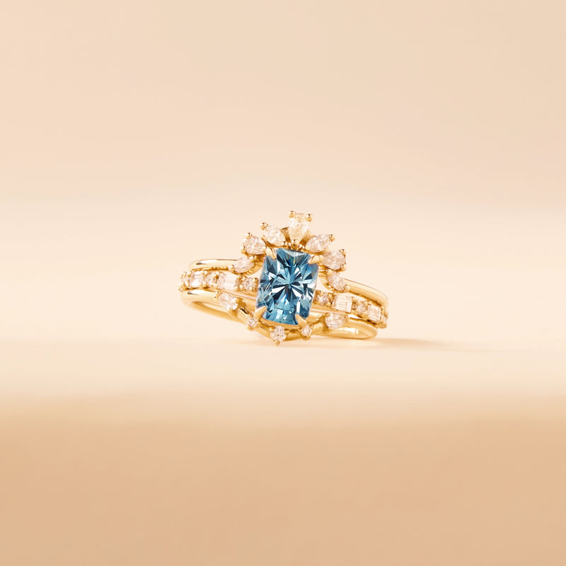 already yours one-of-a-kind ring  - 14k yellow gold, radiant cut sapphire, diamonds