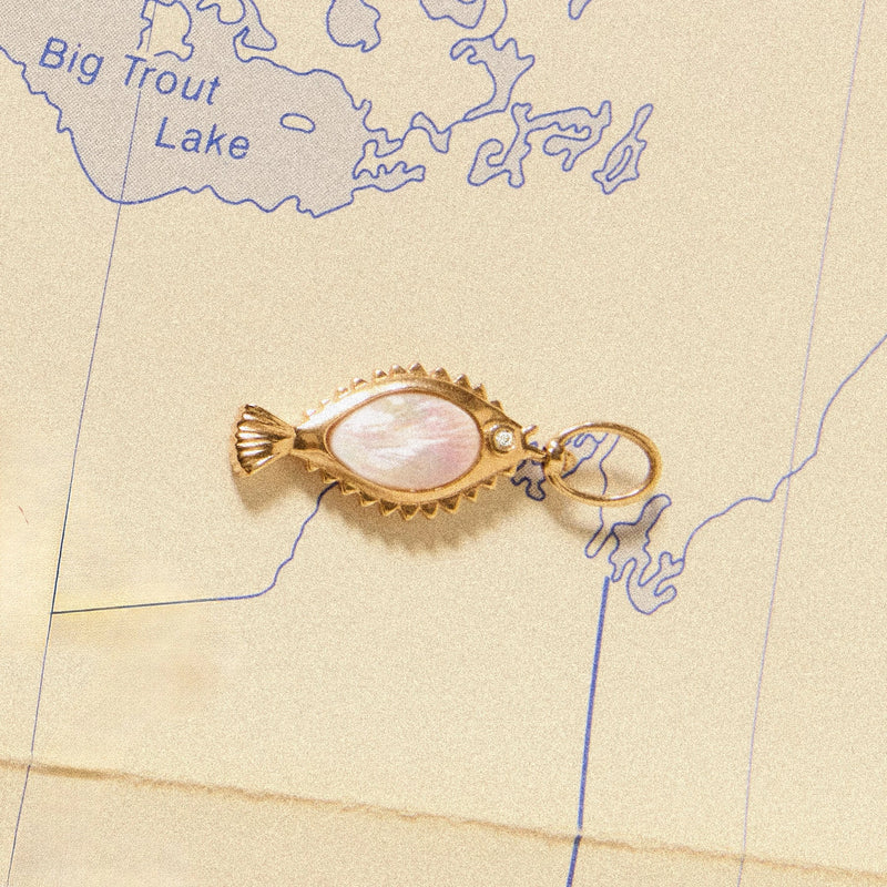 poisson de liberté mother of pearl fish charm - 10k yellow gold, mother of pearl, sapphire, diamond