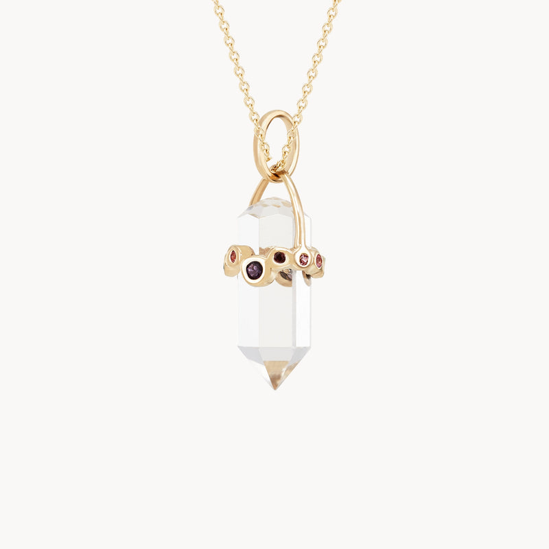 vibrant journey quartz amulet with sapphires - 10k yellow gold, clear quartz, sapphires