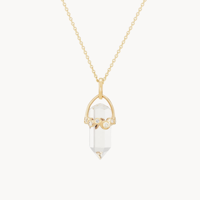 moonlit journey quartz amulet with diamonds - 10k yellow gold, clear quartz, diamonds