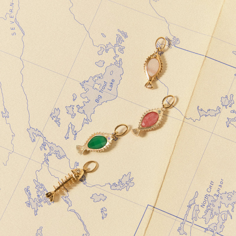 poisson de liberté chrysoprase fish charm - 10k yellow gold, chrysoprase, pink sapphire, diamond
