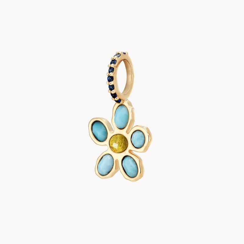 forget-me-not flower charm - 10k yellow gold, larimar, bumblebee jasper, sapphires