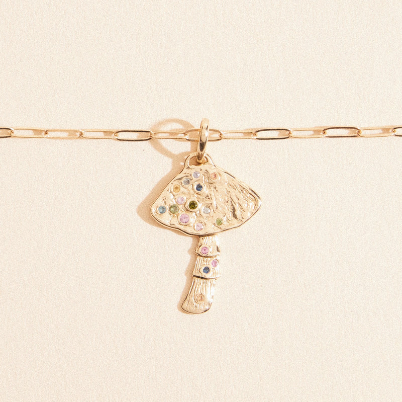 golden journey mushroom charm - 10k yellow gold, multi sapphire