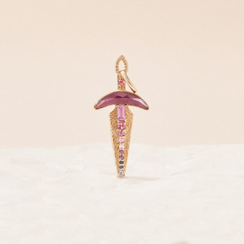 ruby dagger charm - 10k yellow gold, natural gemstones