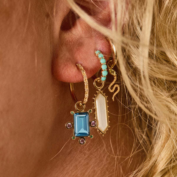 divine alignment london blue topaz earring charm - 10k yellow gold, london blue topaz, natural gemstones