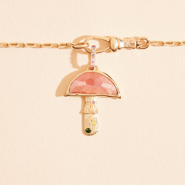 first blush mushroom charm - 10k yellow gold, rhodochrosite