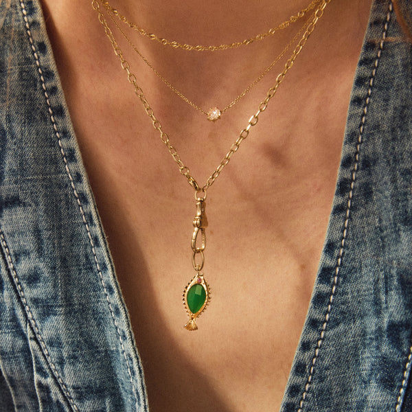 poisson de liberté chrysoprase fish charm - 10k yellow gold, chrysoprase, pink sapphire, diamond