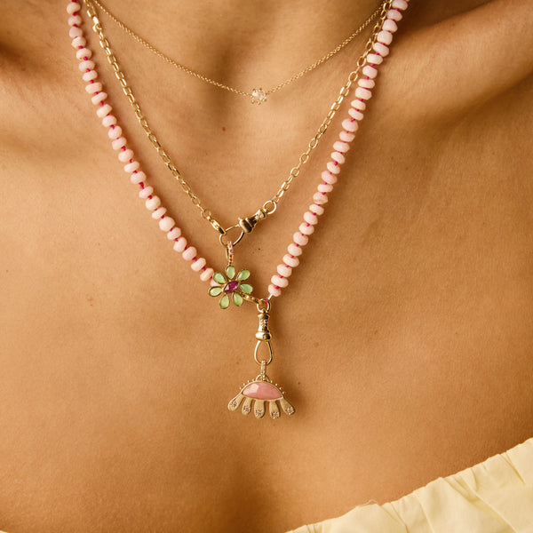 echinacea flower charm - 10k yellow gold, rhodonite, sapphires