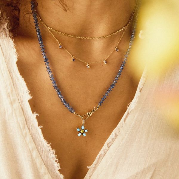forget-me-not flower charm - 10k yellow gold, larimar, bumblebee jasper, sapphires
