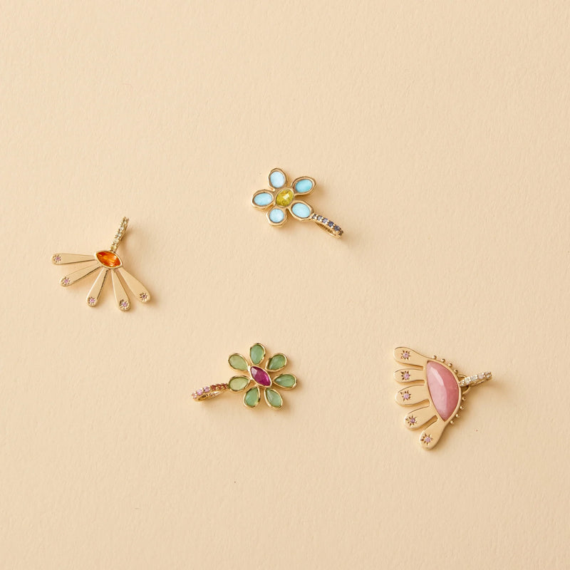 echinacea flower charm - 10k yellow gold, rhodonite, sapphires