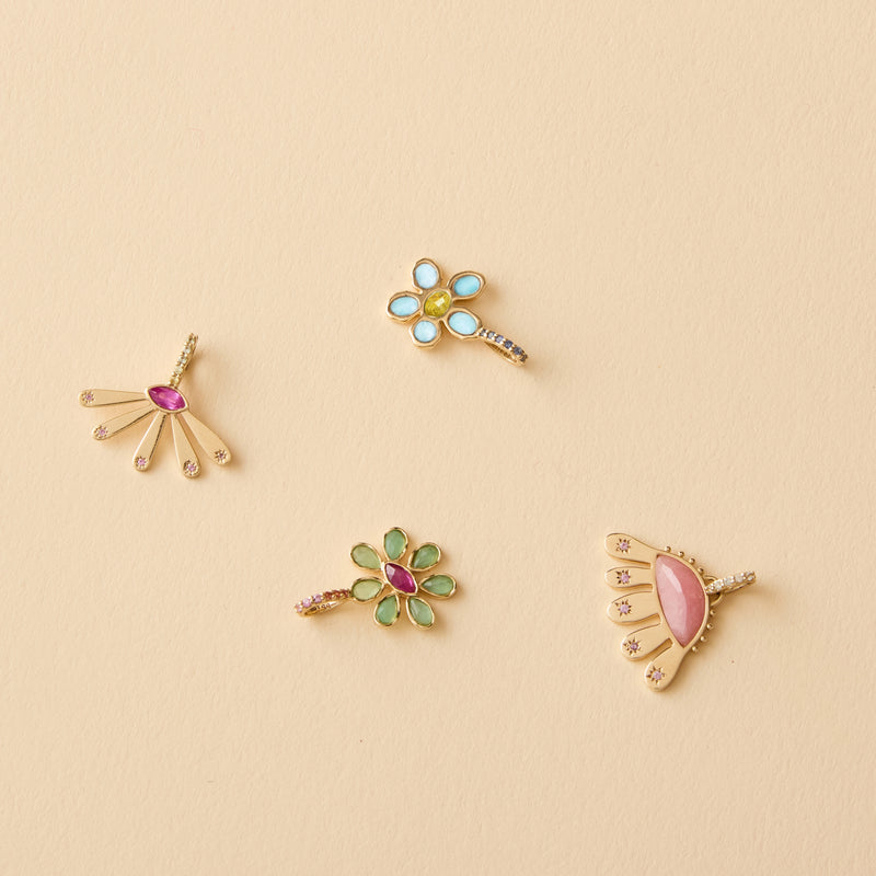 windflower charm - 10k yellow gold, chrysoprase, ruby, sapphire gemstones