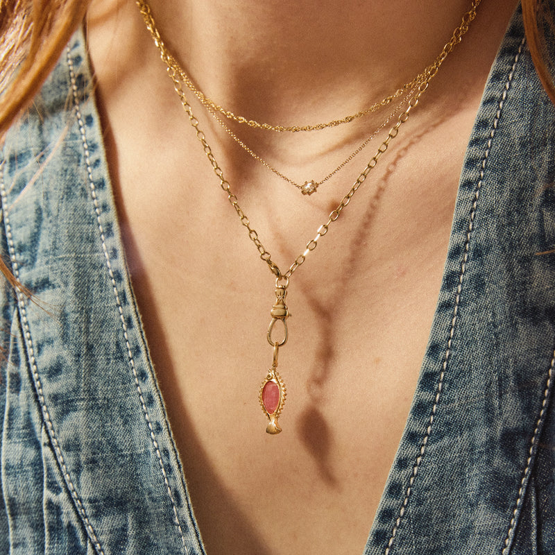 poisson de liberté rhodochrosite fish charm - 10k yellow gold, rhodochrosite, pink sapphire, diamond