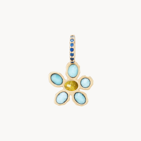 forget-me-not flower charm - 10k yellow gold, larimar, bumblebee jasper, sapphires
