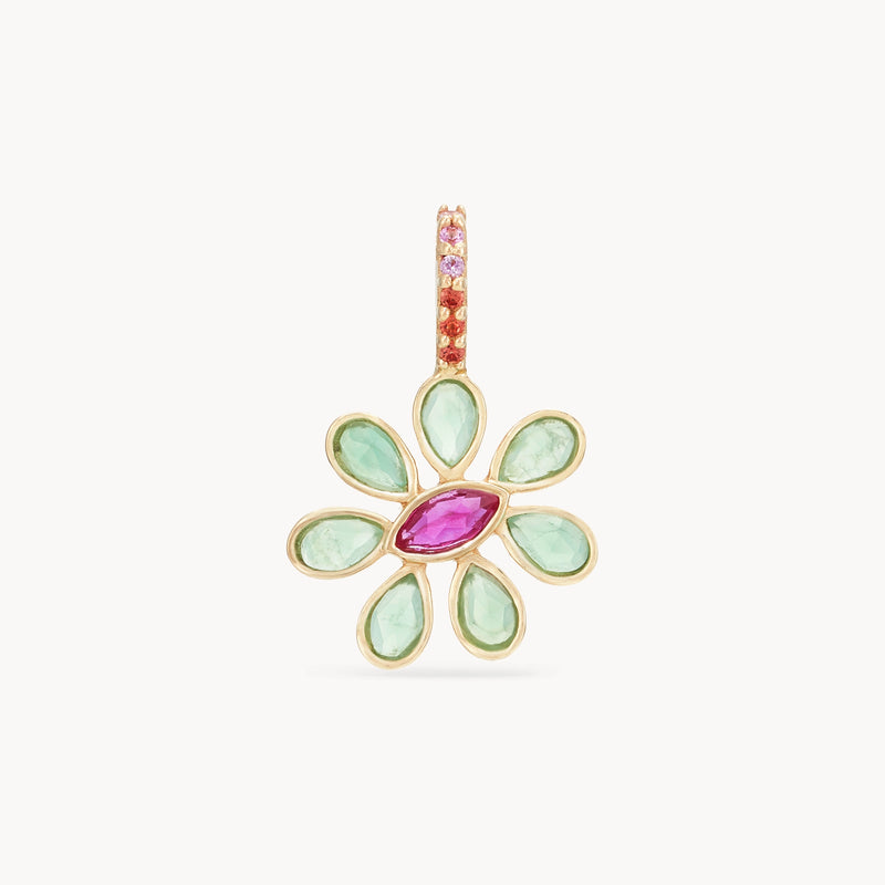 windflower charm - 10k yellow gold, chrysoprase, ruby, sapphire gemstones