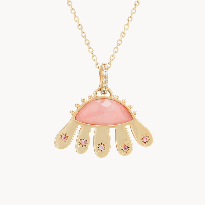 echinacea flower charm - 10k yellow gold, rhodonite, sapphires