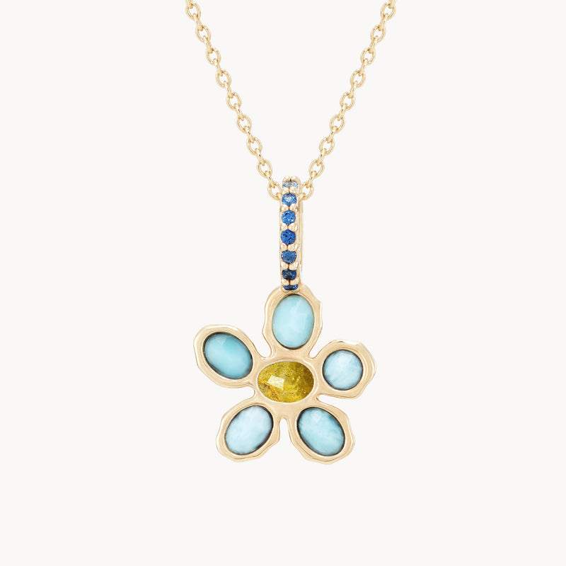 forget-me-not flower charm - 10k yellow gold, larimar, bumblebee jasper, sapphires