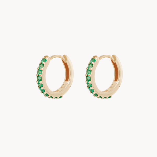 shine on emerald huggie hoop - 14k yellow gold, emerald gemstones