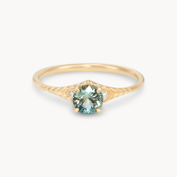 enchanting gaze one-of-a-kind ring - 14k yellow gold ring, bi-colored cyan and sage round cut sapphire