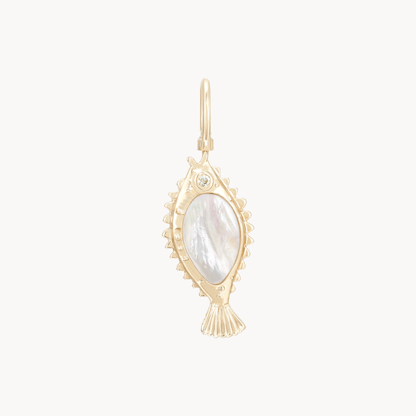 poisson de liberté mother of pearl fish charm - 10k yellow gold, mother of pearl, sapphire, diamond