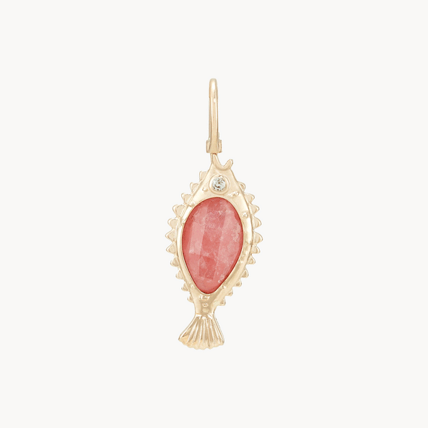 poisson de liberté rhodochrosite fish charm - 10k yellow gold, rhodochrosite, pink sapphire, diamond