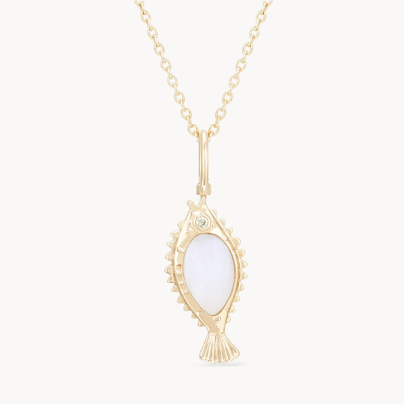 poisson de liberté mother of pearl fish charm - 10k yellow gold, mother of pearl, sapphire, diamond
